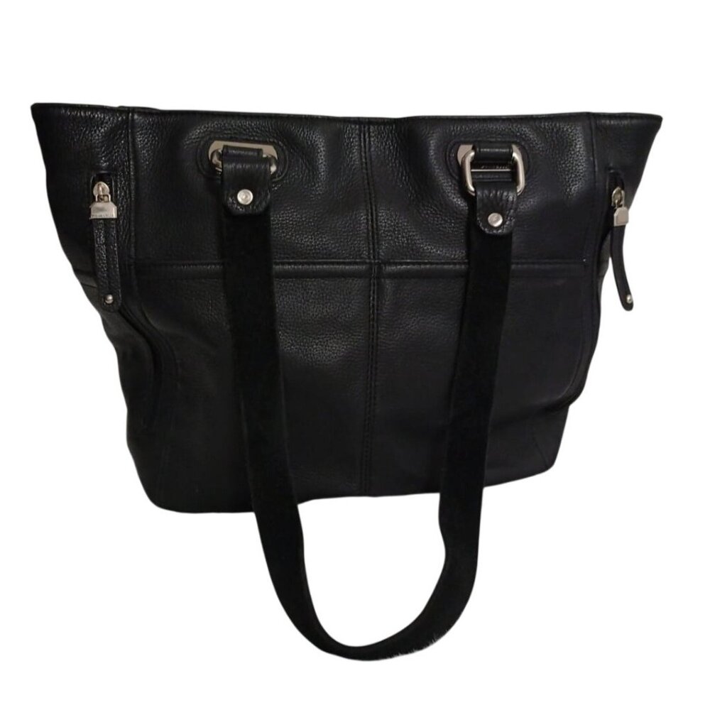 Tignanello Black Leather Shoulder Tote Silver Hardware Stripe Lining.